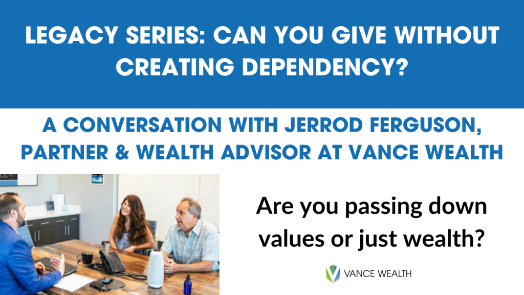 Jerrod Ferguson speaks with clients at Vance Wealth office about how to give without creating financial dependency, part of the Legacy Series.