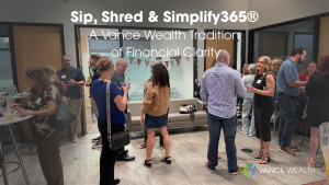 People networking at a Vance Wealth ‘Sip, Shred & Simplify365’ event, featuring a social gathering in a modern office setting promoting financial clarity.