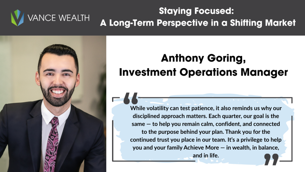 Portrait of Anthony Goring, Investment Operations Manager at Vance Wealth, alongside a quote about staying disciplined during market volatility and maintaining a long-term financial plan.