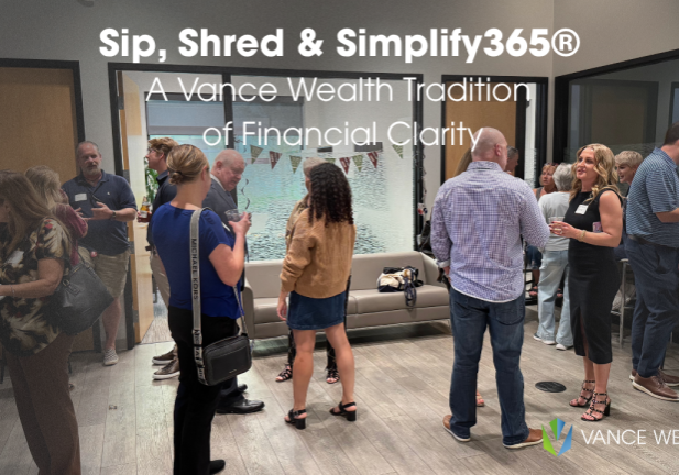 People networking at a Vance Wealth ‘Sip, Shred & Simplify365’ event, featuring a social gathering in a modern office setting promoting financial clarity.
